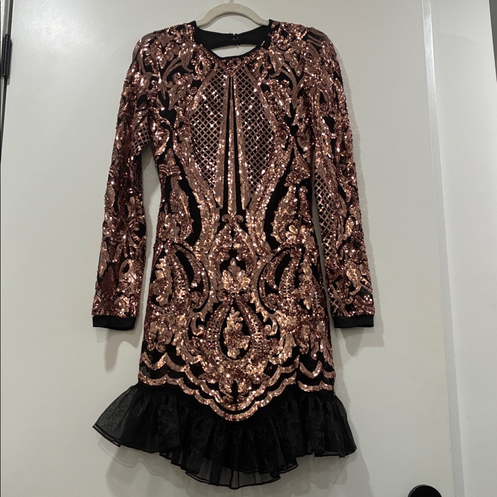 Fashion Nova Black and Rose Gold Sequin Backless Dress